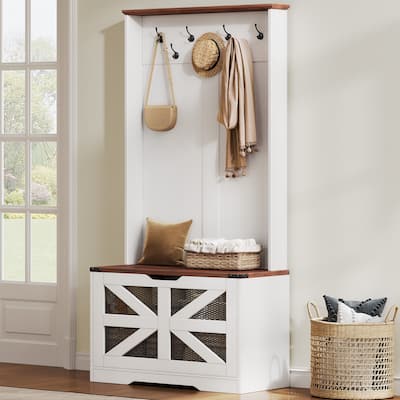 Moasis Farmhouse Coat Rack Hall Tree with Flip-Up Bench, 7 Hooks Shoe Storage Bench for Entryway