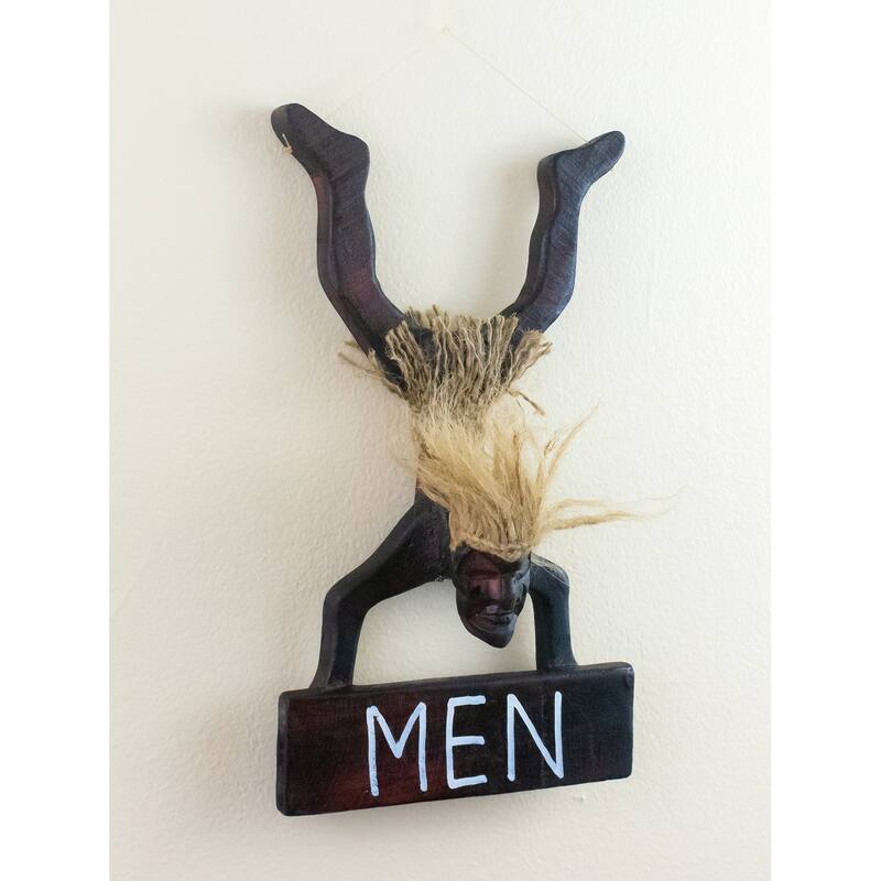 Wooden Handmade Primitive Tribal Statue Men Bathroom Restroom Sign Wall