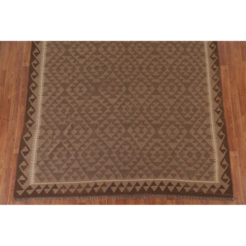 Hand Woven Oriental 100% Wool Carpet Southwestern Geometric Brown Kilim Area Rug - 9' 6'' X 6' 11''