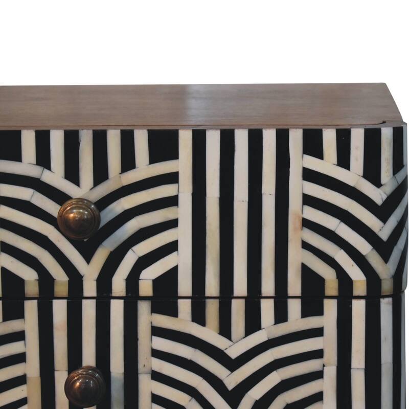 HomeRoots 23" Black White And Brown Solid Wood Geometric Bone Inlay Two Drawer Nightstand