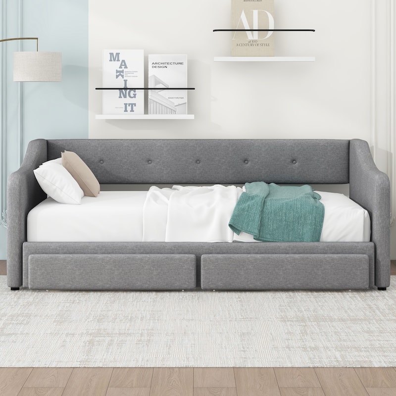 Twin XL to King Size Linen Fabric Daybed, Pull Out Upholstered Platform Sofa Bedframe with 2 Drawers, Wood Slats Support - Gray - Twin XL