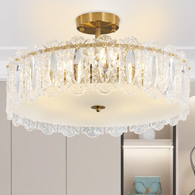 Brass Modern Crystal Semi Flush Mount Ceiling Light for Living Room, Bulbs Included