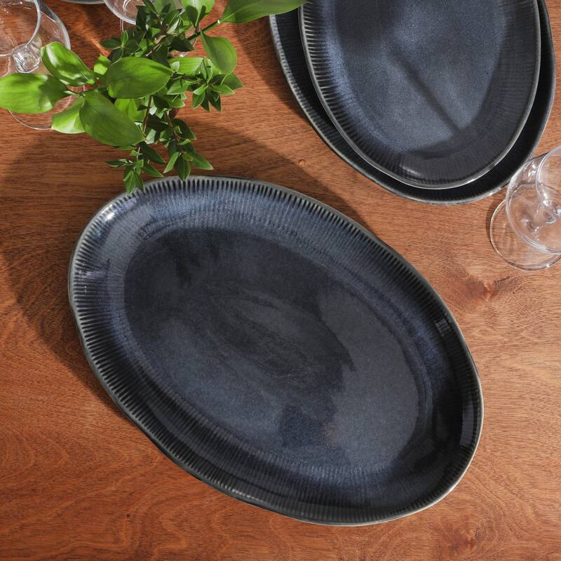 Gibson Elite Sandy Pines 3 Piece Oval Platter Set, 15.7", 13.75" & 12" Stoneware Reactive Serving Platters