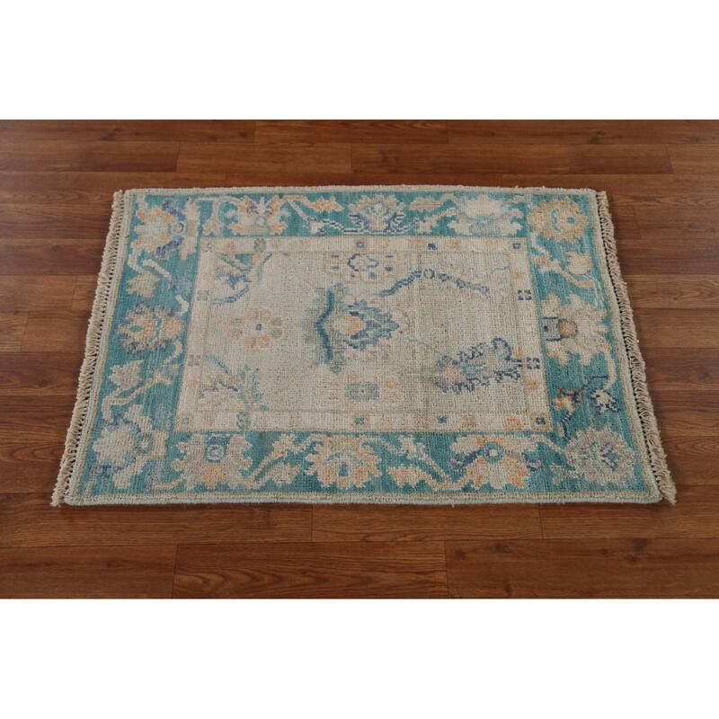 Hand Knotted Oriental 100% Wool Carpet Transitional Geometric Green Oushak Area Rug - 2' 11'' X 1' 11''