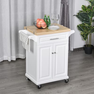 HOMCOM Kitchen Island Cart on Wheels with Extended Counter Drawer Cabinet Towel Racks Versatile Use Natural Wood Top and White