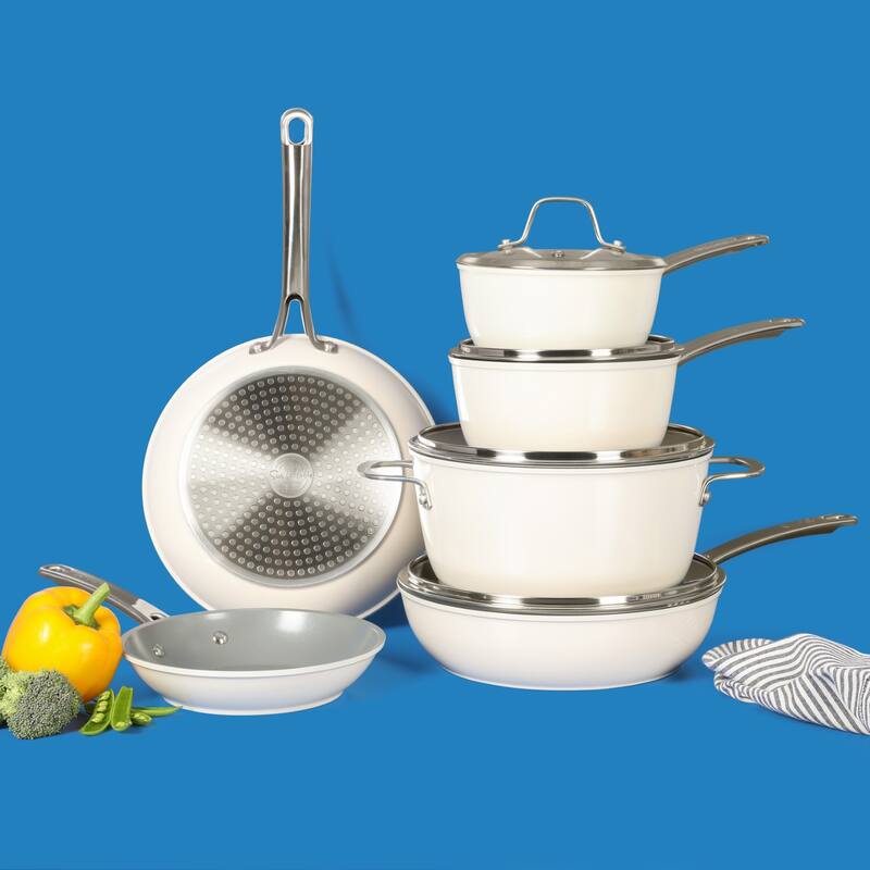 Sur La Table Kitchen Essentials 10 Piece PFA Free Titanium Ceramic Nonstick Interior Forged Aluminum Cookware Pots and Pans Set
