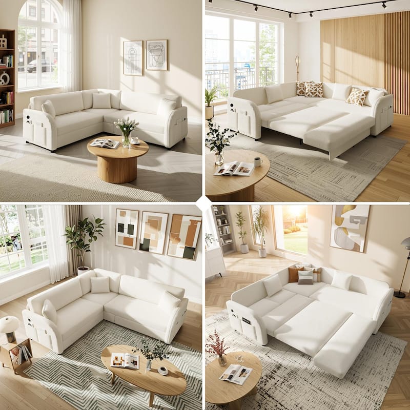 Homy Casa 85"/115" L-Shaped Sectional Sofa Bed USB & Side Pocket, Teddy Fabric Pull-Out Sleeper, Reversible Chaise, Multi Colors