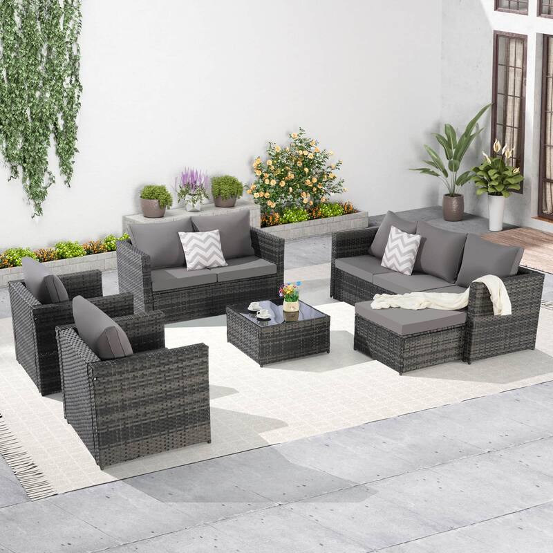6-Piece Outdoor Wicker Conversation Sofa Set with Coffee Table, Ottoman