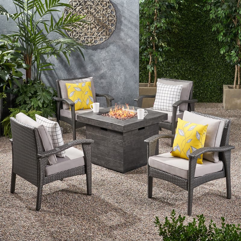 Keana Outdoor Wicker 5-piece Fire Table Chat Set by Christopher Knight Home - Gray+Light Gray+Gray