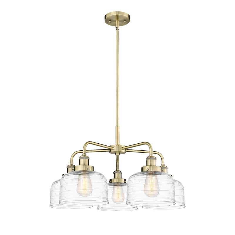 Innovations Lighting Bell - 5 Light 26" Stem Hung Chandelier - Antique Brass/Clear Deco Swirl