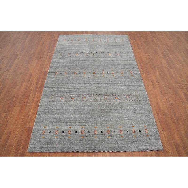 Hand Knotted Oriental 100% Wool Carpet Tribal Animal Pictorial Greys & Charcoal Gabbeh Area Rug - 7' 11'' X 5' 0''