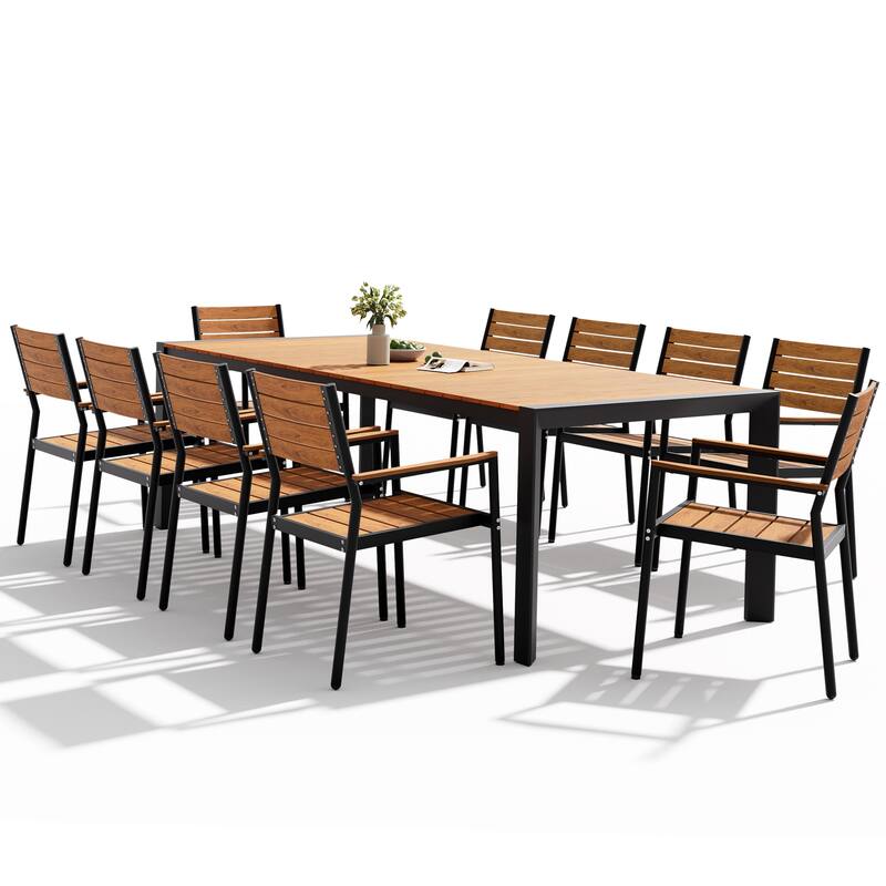 Set of 11 Outdoor Patio Dining Set WoodLike Table Top Aluminum Umbrella Hole Table with Stackable Chairs