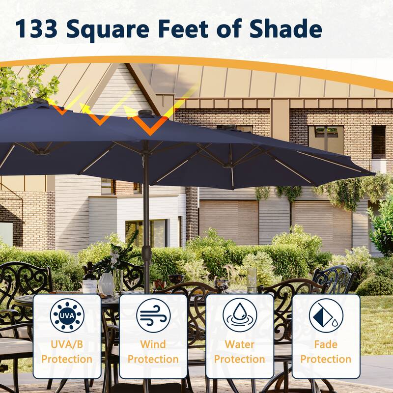 15 Ft Outdoor Solar Detachable Lights Rectangular Crank Market Umbrella with Base