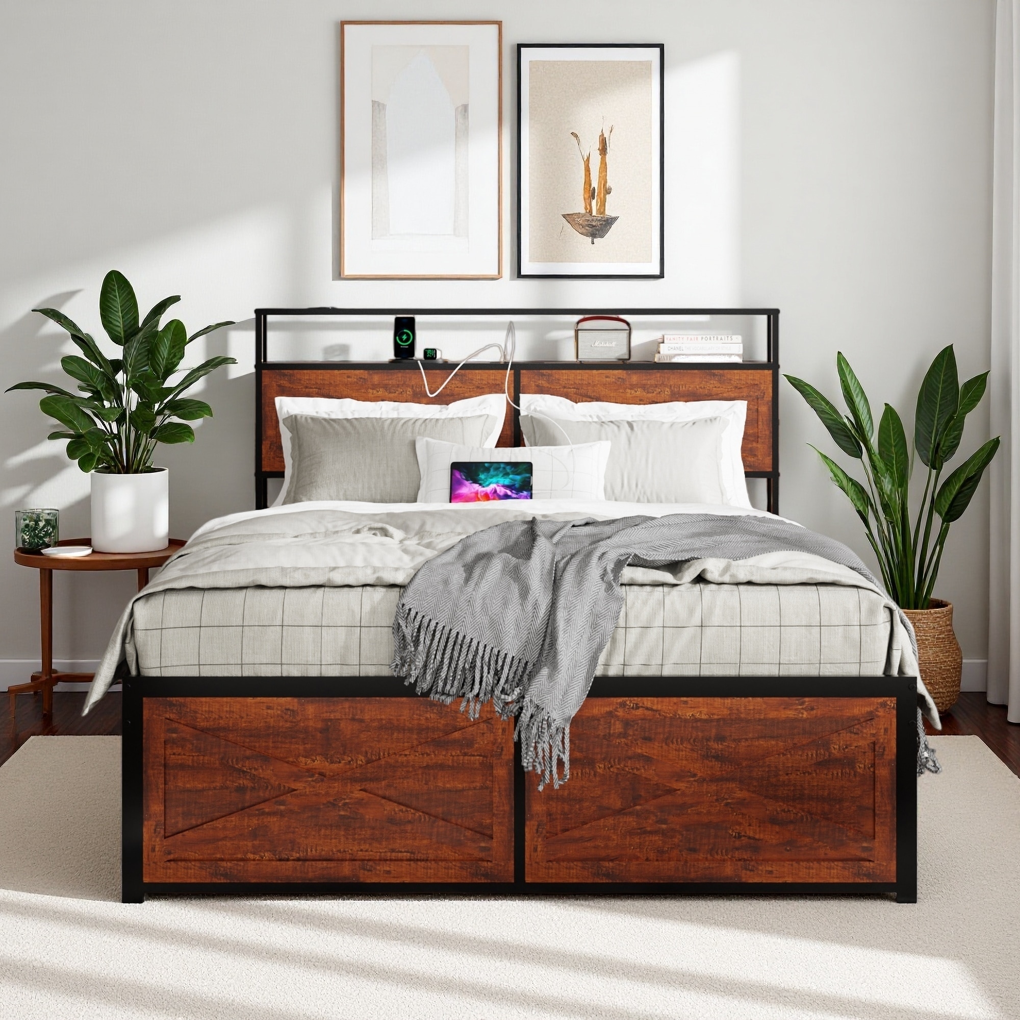 Metal Platform Bed Frame with Storage Headboard, 12 Drawers, and LED Lights