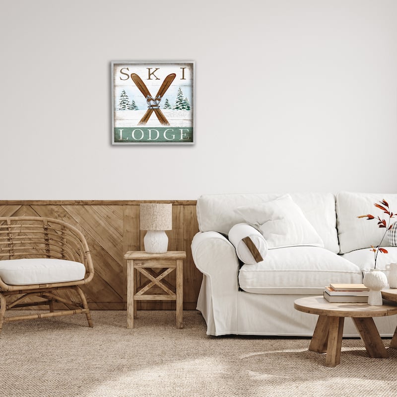 Stupell Ski Lodge Rustic Cabin Sign Snowy Tree Forest Framed Wall Art