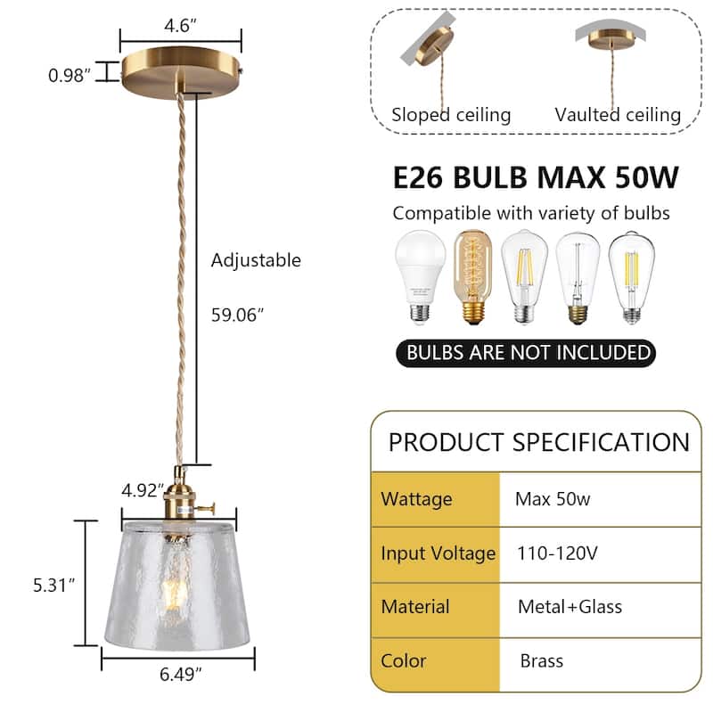 1-Light Vintage Pendant Light Amber Glass Pendant Light