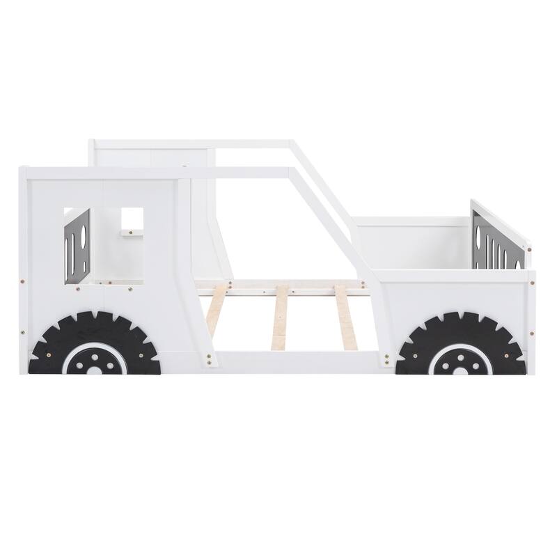 Full Size Classic Car-Shaped Wooden Platform Bed Frame with Wheels, Windows, Fun and Playful Design for Kids, for Bedroom