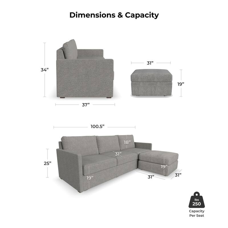 Flexsteel 99'' Upholstered Modular Sectional Sofa with Bumper Ottoman 101" x 35" x 37" Bed
