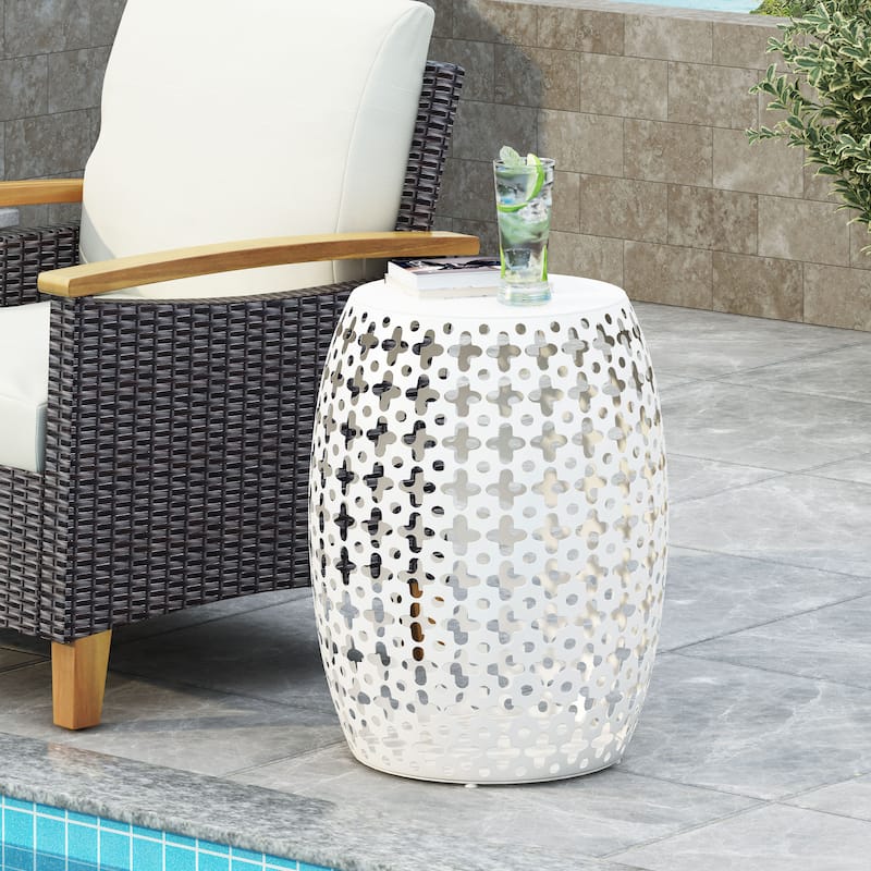 Metal end Table End Table,Round Side Table with Hollow Drum Design,Accent Table for Outdoor and Indoor Use