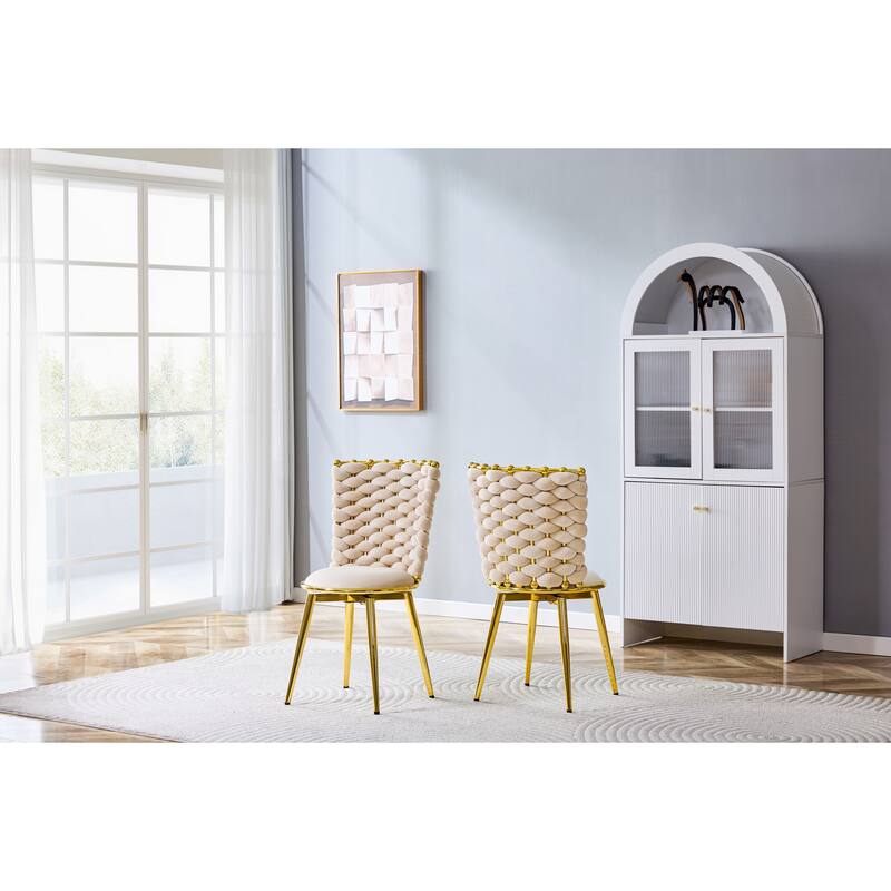 Set Of 2, Modern Luxury Velvet Woven Decorative Dining Chairs, Equipped With Gold Metal Legs And Cushioned Seats