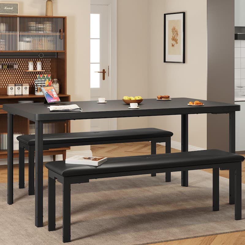 Kitchen Table with 2 Benches, with Metal Frame - Black
