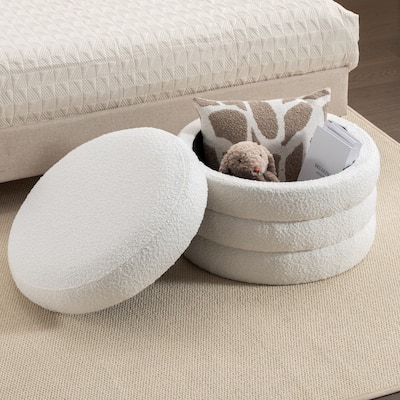 Boucle Fabric Storage Round Ottoman Footstool With Wooden Shelving,Ivory