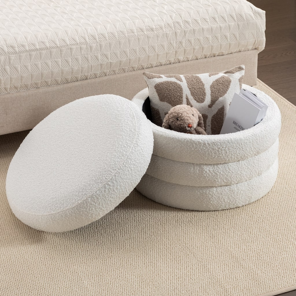 Boucle Fabric Storage Round Ottoman Footstool With Wooden Shelving,Ivory