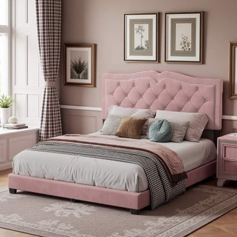 Queen Size Velvet Upholstered Platform Bed with Tufted Headboard and Rivet Accents, Modern Design, Gray