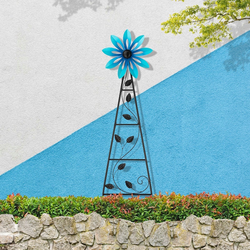 Glitzhome 44"H Glossy Painted Metal Yellow//Blue/Orange/Red Flower Wind Spinner Yard Stake - Blue
