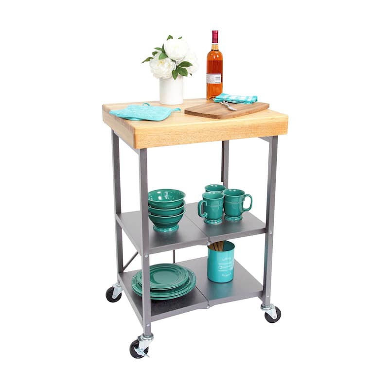 Origami Foldable Wheeled Portable Solid Wood Top Kitchen Island Bar Cart, Black