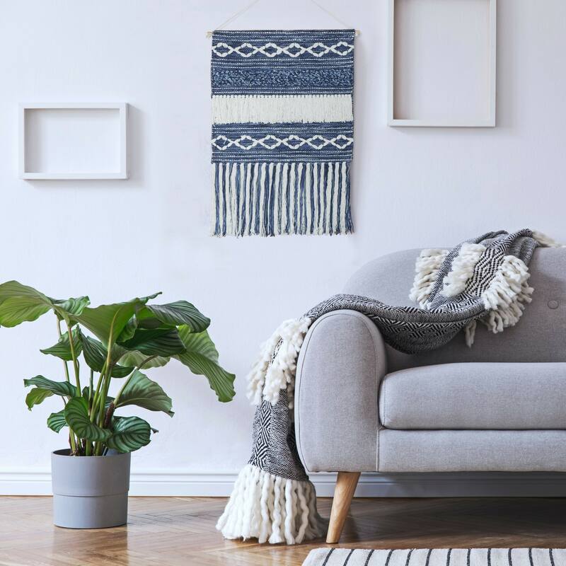 Sevita Geometric Boho Wall Hanging Tapestry with Fringe, Navy and White - 2' x 3'