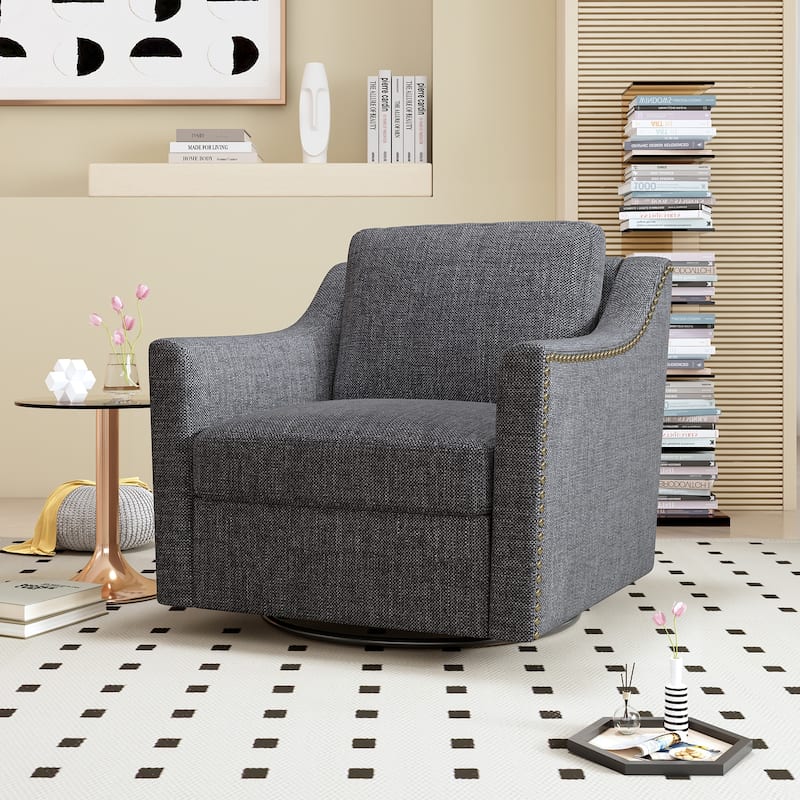 360 Degree Swivel Armchair Cotton Linen Skin-friendly Fabric Ergonomic Design Brass Nail Decorative