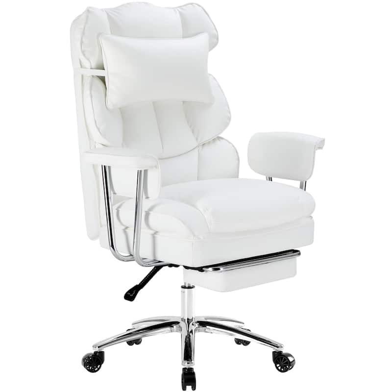 Office chair - high backrest with footstool and lumbar cushion - White