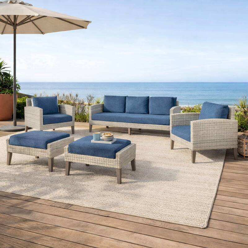 Azy 5pc Outdoor Sofa Set w Stools and Chairs, Woven Gray Frame, Blue