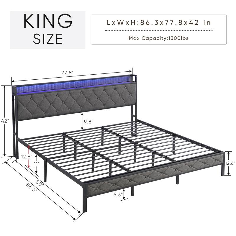 King Bed Frame with Storage Headboard, Charging Station, LED Lights, Upholstered Platform, Noise Free, Easy Assembly, Dark Gray