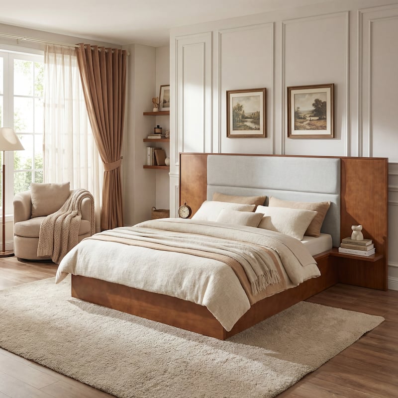 Christopher Knight Home - Avery Platform Bed Frame with Upholstered Headboard & Built-In Side Shelves, No Box Spring Needed - Brown+Light Gray - Queen