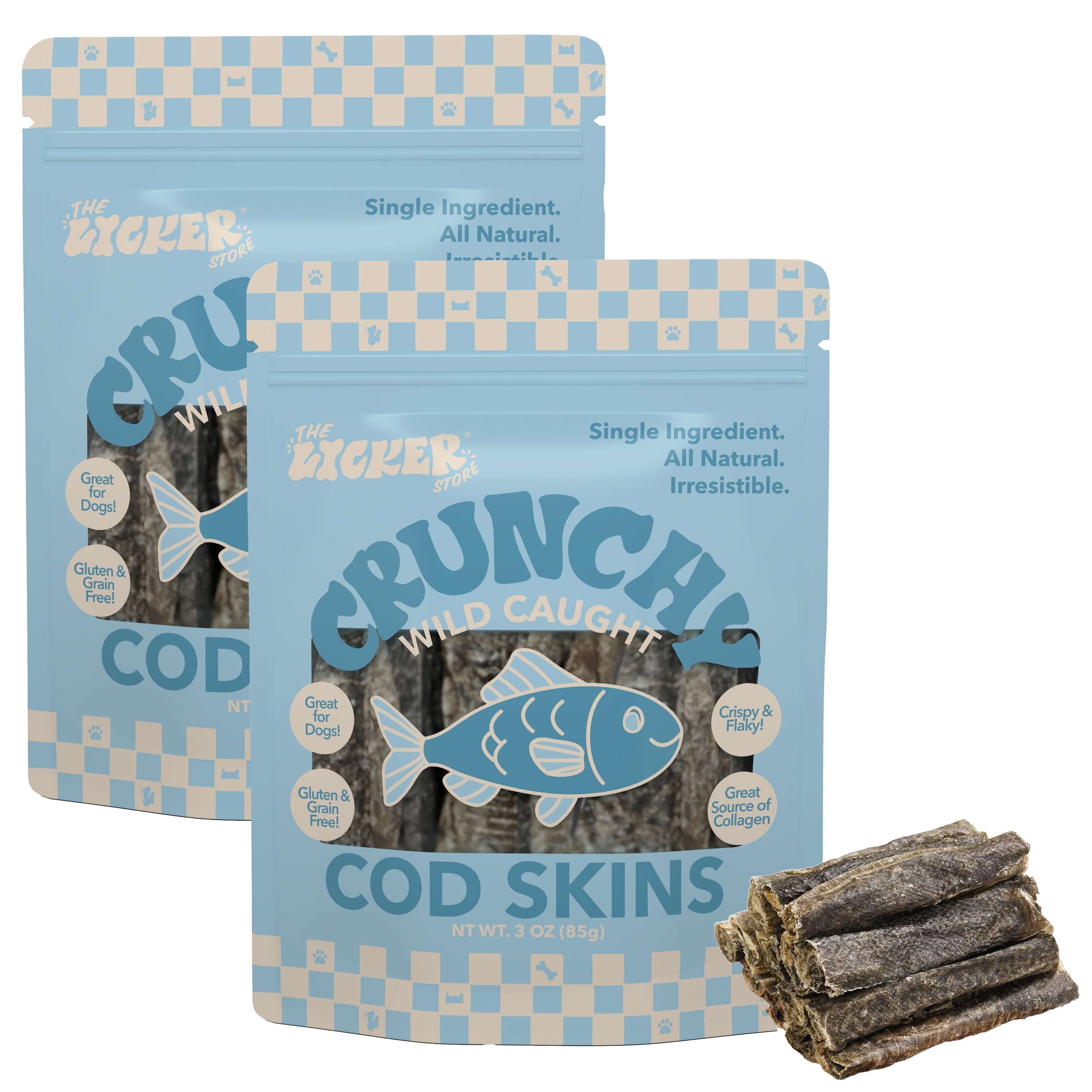 THE LICKER STORE Gluten and Grain-Free Omega-3 Single Ingredient Crunchy Dried Cod Skin for Dogs, 2 Pack of 3oz Bags