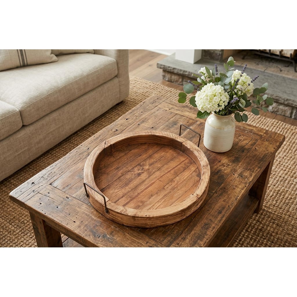 HomeRoots 15" Natural Solid Wood Handmade Round Serving Tray With Handles - 15.00 in. x 4.00 in. x 15.00 in.