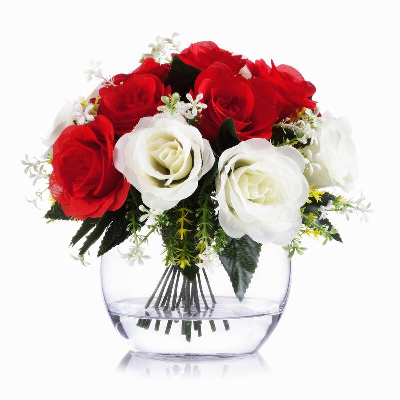Enova Home Artificial Mixed Fake Open Roses Silk Flowers Arrangement in Clear Glass Vase with Faux Waterfor Home Wedding Decor - Cream Red