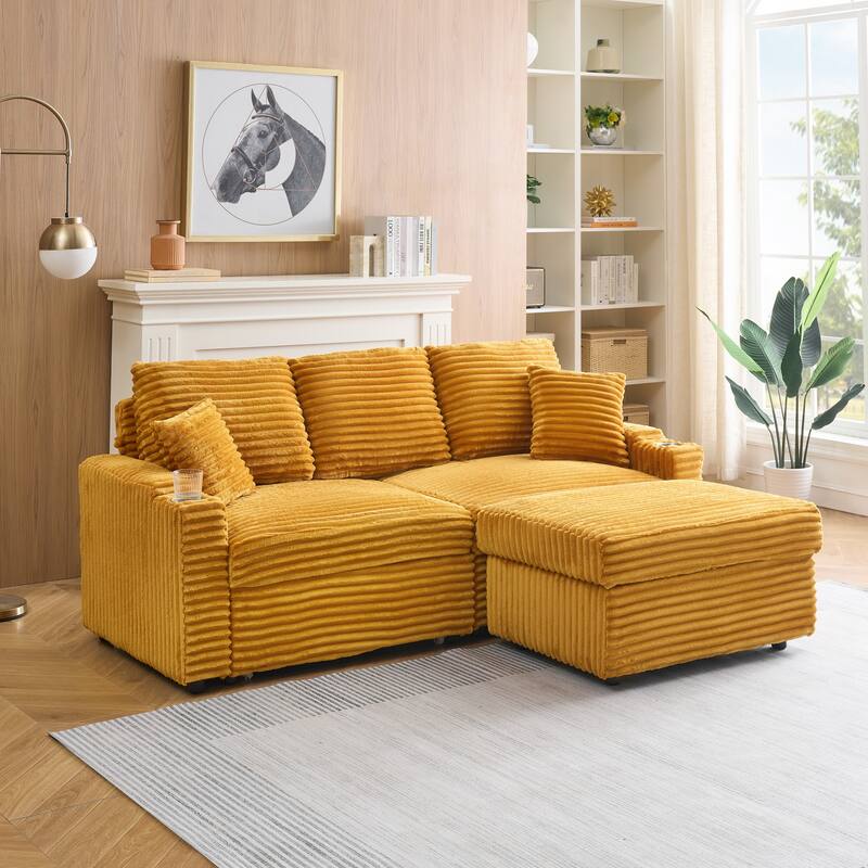 80-Inch Orange Corduroy Foldable Sofa with Cup Holders and Footrest