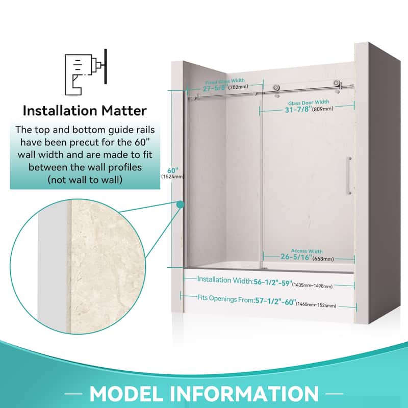 i-Homare 55 - 59 in.W x 60 in.H Tub Sliding Shower Door with Soft Closing System