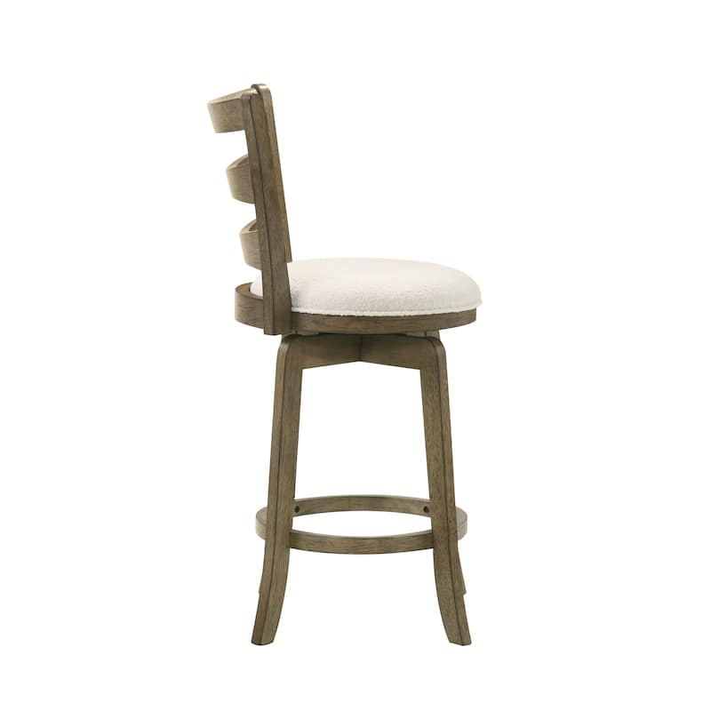 Melindra White Boucle Swivel Bar Stool, Upholstered Counter Stool with Solid Wood Legs