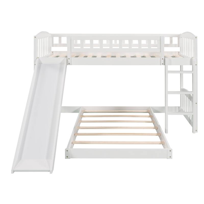 White Twin over Twin Size Solid Wood Bunk Bed with Slide and Ladder for Kids, Boys and Girls, Bedroom