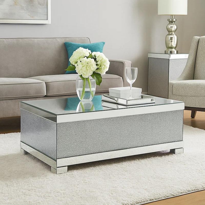 Rectangular Wooden Coffee Table with Faux Crystal Inlays, Silver