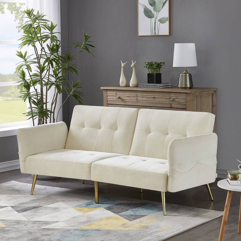 Italian Velvet Convertible Sleeper Sofa Bed with with Folded Armrests and Storage Bags