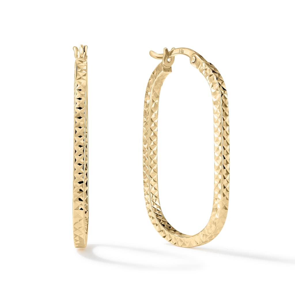 Clover 14K Yellow Gold Diamond-Cut Oval Hoop Earrings
