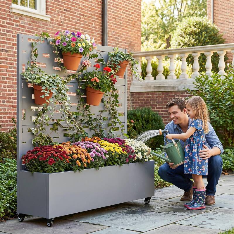 Raised Garden Bed Planter with Trellis Movable Planter Box with Lockable Wheels