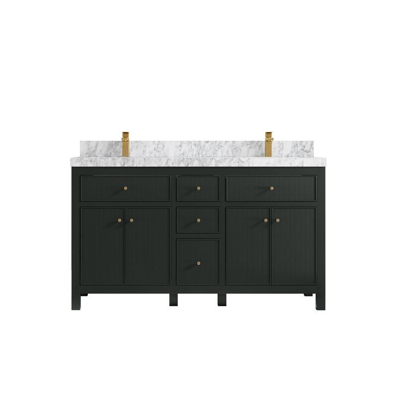 Willow Collections 60 in W x 22 in D Sonoma Free Standing Reeded Double Sink Bathroom Vanity with Countertop - 2" Carrara Marble - Dark Forest Green