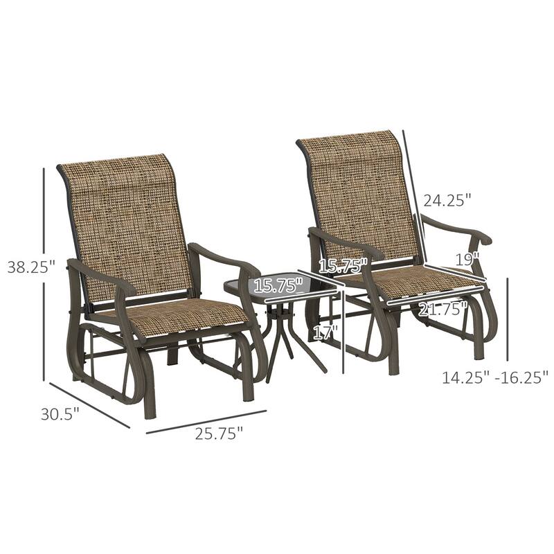 Three Piece Outdoor Gliding Patio Set with Two Chairs and Square Tea Table Powder Coated Steel and Mesh Fabric