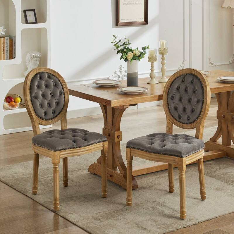 French Style Solid Wood Frame Antique Painting Linen Fabric Back Dining Chair